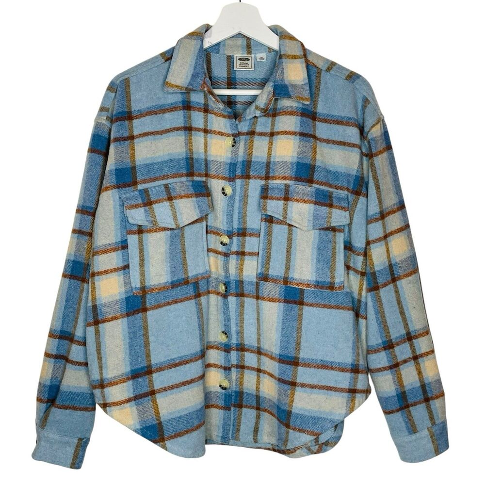 Ford Bronco Shirt Womens Small Blue Brown Plaid Flannel Graphic Print Shacket